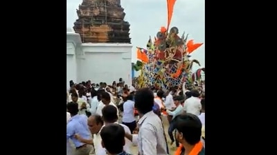 A temple chariot fell on a huge crowd during a temple festival at the Veerabhadreshwara Temple at Channappanapura village in Chamarajanagar district of Karnataka. (ANI )