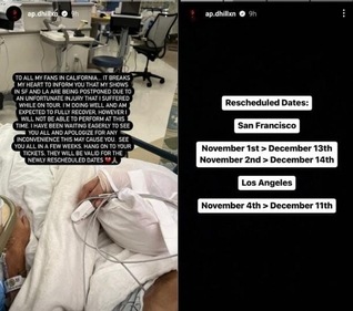 AP Dhillon shared the news of him getting injured on Instagram Stories. He also shared the new dates for his shows that were cancelled. AP Dhillon shared the news of him getting injured on Instagram Stories. He also shared the new dates for his shows that were cancelled.