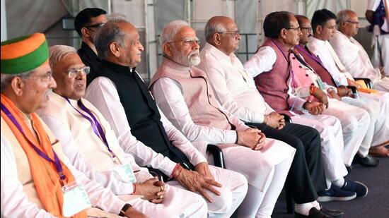 Prime Minister Narendra Modi at the public programme ‘Mangarh Dham ki Gaurav Gatha’, in Banswara on Tuesday. (ANI/ PIB) Prime Minister Narendra Modi at the public programme ‘Mangarh Dham ki Gaurav Gatha’, in Banswara on Tuesday. (ANI/ PIB)