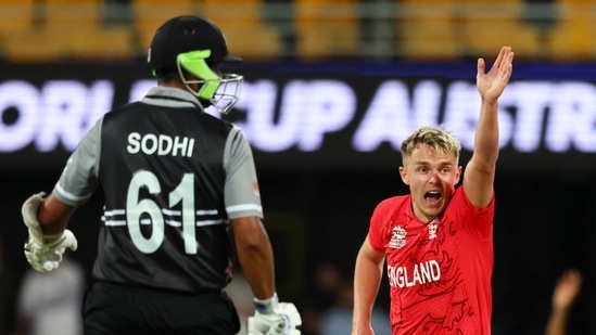 Sam Curran appeals for a wicket during the T20 World Cup match between England and New Zealand in Brisbane(AP)