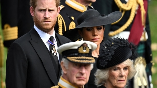 Prince Harry: Britain's Meghan, Prince Harry, Queen Camilla and King Charles attend the state funeral and burial of Britain's Queen Elizabeth.(Reuters)