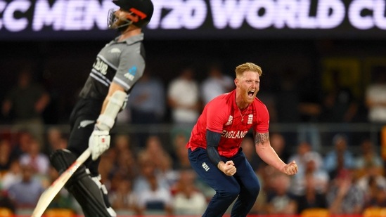 Ben Stokes celebrates the wicket of Kane Williamson during the T20 World Cup 2022 match between England and New Zealand at The Gabba(AFP)
