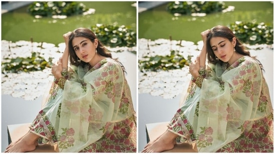 Sara Ali Khan loves wearing traditional outfits and is often spotted wearing comfy ethnic wears. The Kedarnath actor recently took to her Instagram handle to share a few photos of herself posing in a blockprinted green kurta set.(Instagram/@saraalikhan95)