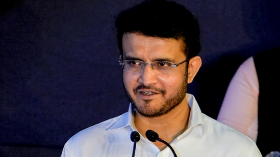  Former cricketer Sourav Ganguly speaks during Cricket Association of Bengal (CAB) annual award ceremony 2022, at Netaji Indoor Stadium in Kolkata.(PTI)