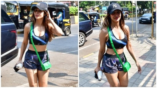 Malaika Arora slays the gym look in a printed sports bra and shorts. (HT Photo/Varinder Chawla)