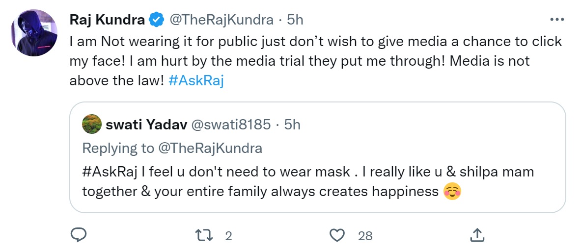 Raj Kundra on wearing a mask in public.