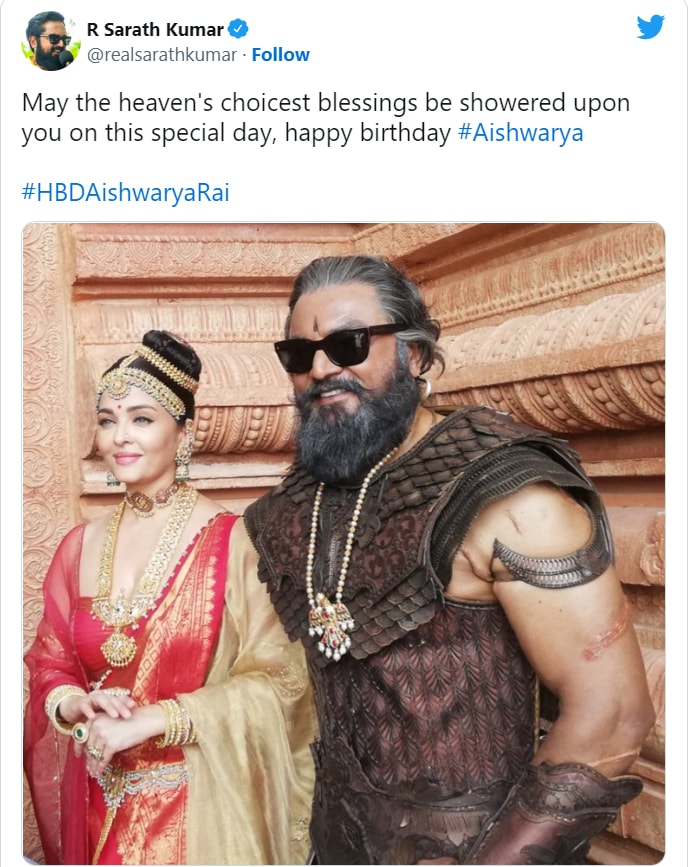 Sarath Kumar wished Aishwarya Rai on her birthday as he tweeted their photo from PS1 set. Sarath Kumar wished Aishwarya Rai on her birthday as he tweeted their photo from PS1 set.