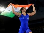 India's Vinesh Phogat celebrates winning against Sri Lanka's Chamodya Keshani Maduravalage (AP) India's Vinesh Phogat celebrates winning against Sri Lanka's Chamodya Keshani Maduravalage (AP)