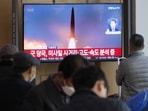 A TV screen shows a file image of North Korea's missile launch. A TV screen shows a file image of North Korea's missile launch.