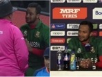 Shakib talks to umpires during the rain-break; Shakib at the post-match press conference Shakib talks to umpires during the rain-break; Shakib at the post-match press conference