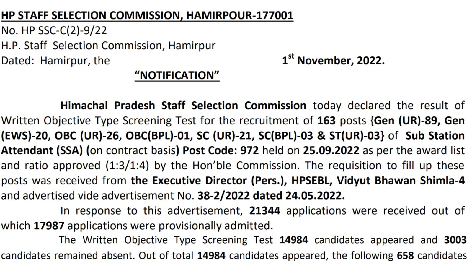 HPSSC sub station attendant result 2022 declared at hpsssb.hp.gov.in