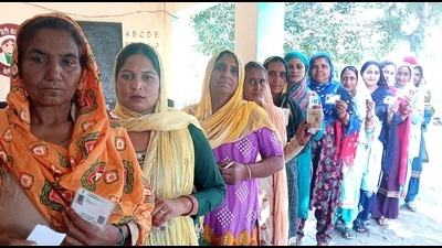Voters lined up to cast their votes at Diwanwala village in Panchkula. (Sant Arora/HT)
