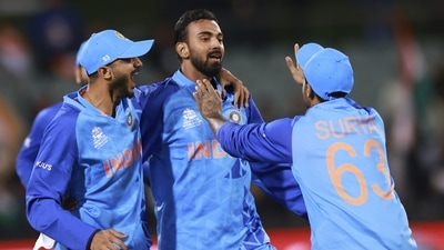 India's KL Rahul, centre, is congratulated by teammates after running out Bangladesh's Litton Das (AP)