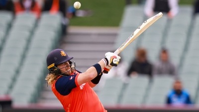 Max O'Dowd bats during the T20 World Cup cricket match between the Netherlands and Zimbabwe in Adelaide. (AP) Max O'Dowd bats during the T20 World Cup cricket match between the Netherlands and Zimbabwe in Adelaide. (AP)
