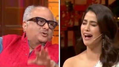 Boney Kapoor and Janhvi Kapoor on the sets of The Kapil Sharma Show.