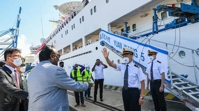 Chinese strategic surveillance and ballistic missile tracking ship Wang Yuan 5 at Hambantota Port in August 2022. Chinese strategic surveillance and ballistic missile tracking ship Wang Yuan 5 at Hambantota Port in August 2022.
