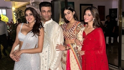 Sara Ali Khan earlier shared pictures on her Instagram handle from a Diwali party. In a photo, she posed with Karan Johar, Ananya Panday and Janhvi Kapoor. (Instagram/@saraalikhan95) Sara Ali Khan earlier shared pictures on her Instagram handle from a Diwali party. In a photo, she posed with Karan Johar, Ananya Panday and Janhvi Kapoor. (Instagram/@saraalikhan95)