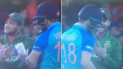 Virat Kohli and Shakib Al Hasan nearly collided into one another (Screengrab) Virat Kohli and Shakib Al Hasan nearly collided into one another (Screengrab)