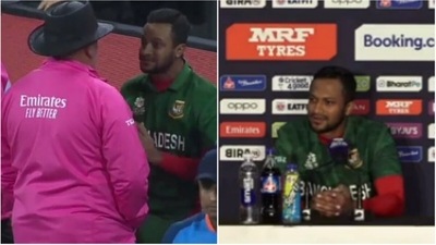 Shakib talks to umpires during the rain-break; Shakib at the post-match press conference (Twitter/YouTube) Shakib talks to umpires during the rain-break; Shakib at the post-match press conference (Twitter/YouTube)
