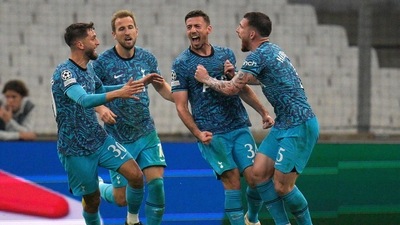 Tottenham's Clement Lenglet, second right, celebrates after scoring his side's first goal during the Champions League Group D soccer match between Marseille and Tottenham Hotspur at the Stade Velodrome in Marseille, France, Tuesday, Nov. 1, 2022. (AP Photo/Daniel Cole) (AP) Tottenham's Clement Lenglet, second right, celebrates after scoring his side's first goal during the Champions League Group D soccer match between Marseille and Tottenham Hotspur at the Stade Velodrome in Marseille, France, Tuesday, Nov. 1, 2022. (AP Photo/Daniel Cole) (AP)