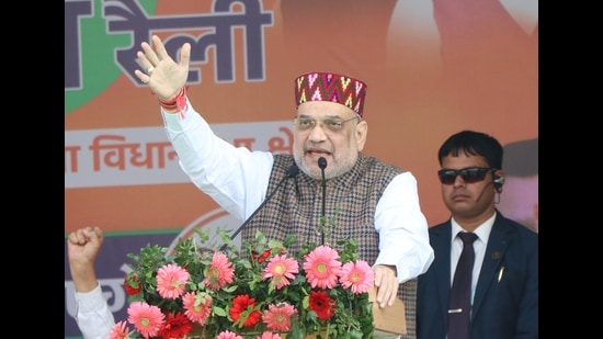 Union home minister Amit Shah during his rally at Dharamshala on Wednesday. (HT Photo)