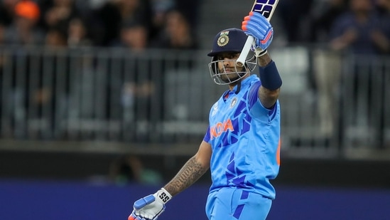 India's Suryakumar Yadav reacts after scoring a half-century (AP)