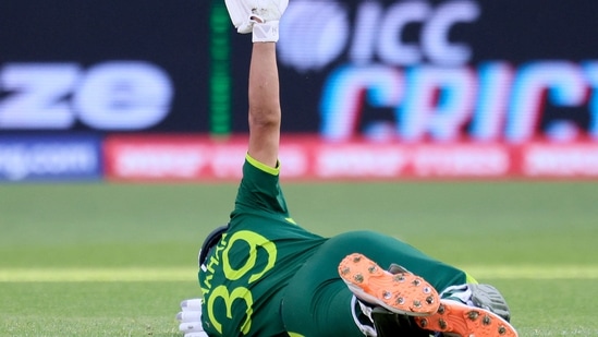 Pakistan's Fakhar Zaman falls over during the ICC men's T20 World Cup 2022 cricket match between Pakistan and Netherlands at the Perth Stadium on October 30, 2022 in Perth..(AFP)