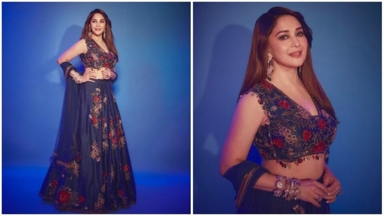 Madhuri Dixit has been winning hearts ever since the 1990s with films like Hum Aapke Hain Koun..!, Dil Toh Pagal Hain, Koyla among others. She has a huge fan following that ranges across age groups. The 'Dhak Dhak' girl once again cast a spell on her fans with her desi look in an embroidered lehenga set.(Instagram/@madhuridixtnene)