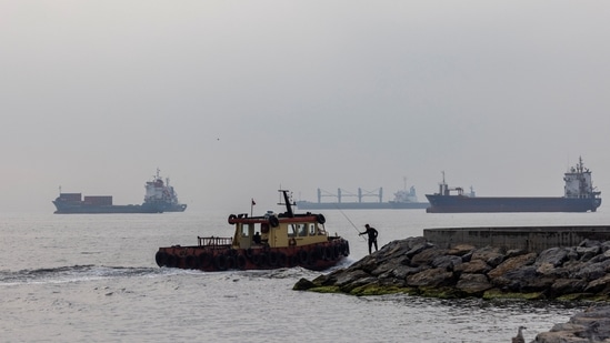 Russia-Ukraine War: Commercial vessels including vessels which are part of Black Sea grain deal wait to pass the Bosphorus strait off the shores of Yenikapi.(Reuters)