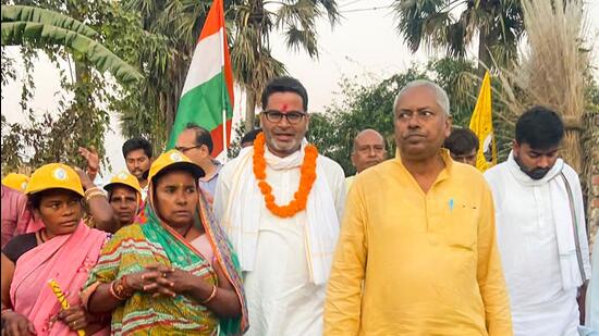 Political strategist and Jan Suraj Abhiyan chief Prashant Kishor (centre) in West Champaran district of Bihar on Tuesday. (PTI Photo)