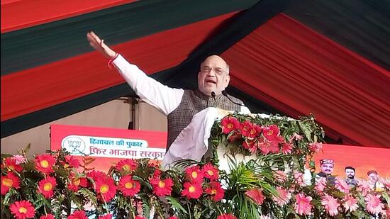 Union Home Minister Amit Shah addresses the public meeting for the upcoming Himachal Pradesh Assembly elections, at Nadaun, in Hamirpur on Wednesday. (ANI)