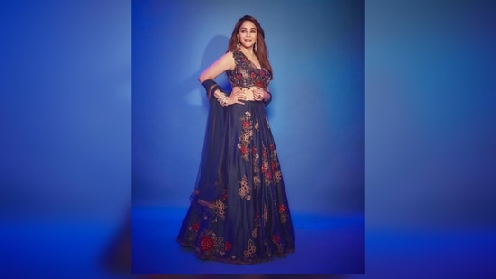 Madhuri Dixit wore this gorgeous outfit to the sets of the dance reality show Jhalak Dikhla Jaa season 10 which she is currently judging.(Instagram/@madhuridixitnene)