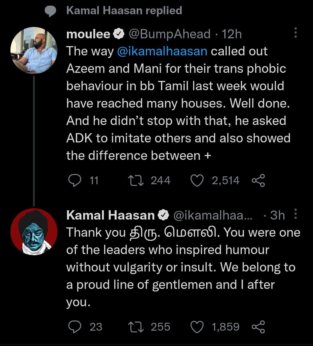 Kamal Haasan's reply to the Twitter user.