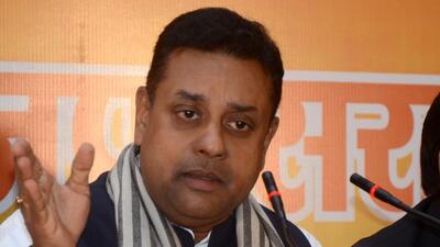 BJP national spokesperson Sambit Patra addressing the media during a press conference in Shimla on Thursday. (Deepak Sansta/HT)