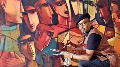Artist Paresh Maity with his artwork. (HT File) Artist Paresh Maity with his artwork. (HT File)
