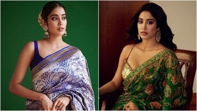 Janhvi Kapoor promotes Mili in two beauteous saree and sleeveless blouse. (Instagram) Janhvi Kapoor promotes Mili in two beauteous saree and sleeveless blouse. (Instagram)