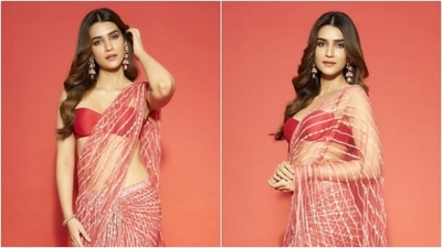 Kriti Sanon dons a sheer sequin saree and bralette blouse for latest sizzling photoshoot. (Instagram) Kriti Sanon dons a sheer sequin saree and bralette blouse for latest sizzling photoshoot. (Instagram)