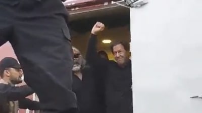 Imran Khan waving at his supporters reportedly after the attack. (ARY news) Imran Khan waving at his supporters reportedly after the attack. (ARY news)