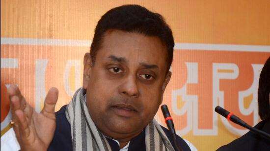 BJP national spokesperson Sambit Patra addressing the media during a press conference in Shimla on Thursday. (Deepak Sansta/HT)