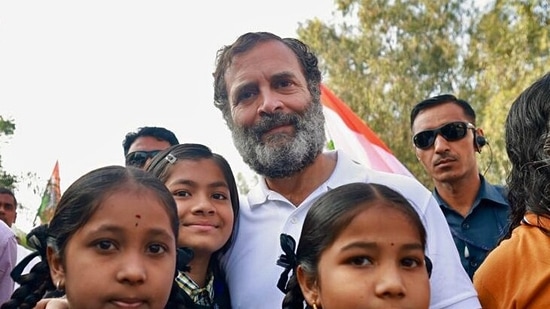 Congress leader Rahul Gandhi poses for a picture with students during party's Bharat Jodo Yatra, in Hyderabad on Thursday. (Congress Twitter/ANI)