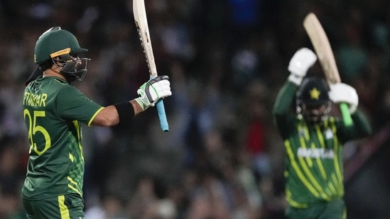 Pakistan's Iftikhar Ahmed celebrates after scoring 50 runs during the T20 World Cup cricket match between Pakistan and South Africa in Sydney, Australia, Thursday, Nov. 3, 2022. (AP Photo/Rick Rycroft)(AP)