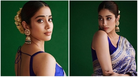 Janhvi Kapoor has been travelling a lot lately to promote her upcoming survival thriller film Mili. Recently, she arrived in the City of Pearls, Hyderabad in a gorgeous blue kanjivaram saree.(Instagram/@janhvikapoor)