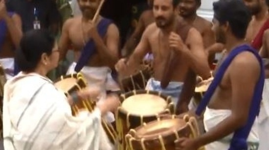 West Bengal CM Mamata Banerjee plays drums at a family function of Bengal governor La Ganesan in Chennai. (ANI screengrab)