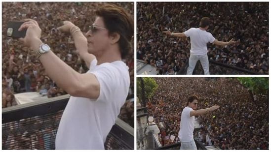 Shah Rukh Khan greeting fans outside Mannat on his 57th birthday on November 2, 2022.