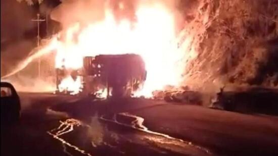 The incident took place on Saturday (Oct 29) in the Tuirial area, where a tanker carrying petrol caught fire. (File Photo)