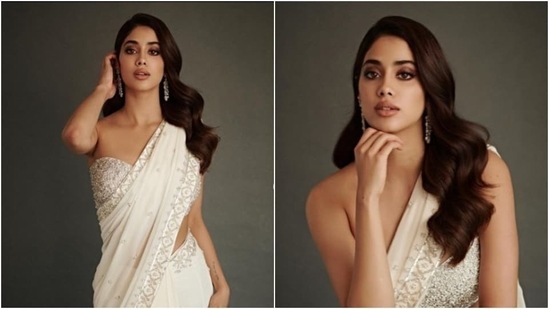 Janhvi Kapoor earlier promoted her film Mili in an all-white contemporary saree which she paired with white strapless blouse.(Instagram/@janhvikapoor)