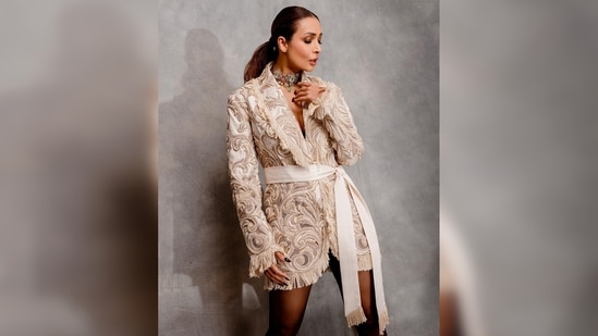 Malaika Arora's dress has been curated by the ace designer duo Shantanu & Nikhil and it is from their Capella collection.(Instagram/@malaikaaroraofficial)