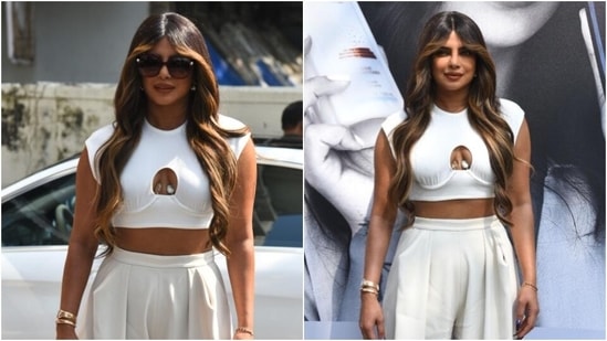 Priyanka Chopra wears underbust gems with all-white attire. (HT Photo/Varinder Chawla)