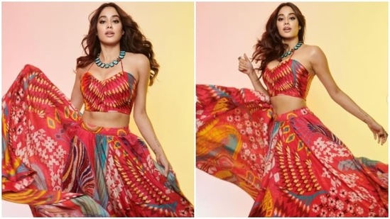 Janhvi Kapoor made jaws drop in a boho chic red printed ethnic skirt set.(Instagram/@janhvikapoor)