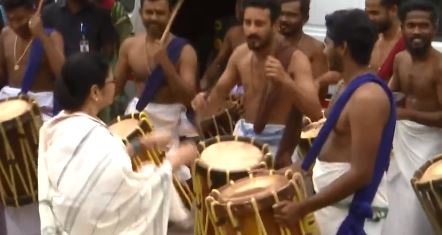 West Bengal CM Mamata Banerjee plays drums at a family function of Bengal governor La Ganesan in Chennai. (ANI screengrab)